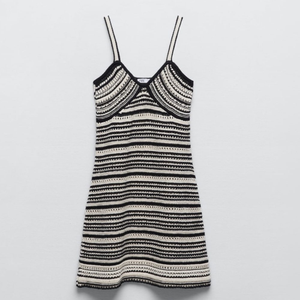 ZARA Striped Rustic Crochet Mini Dress Size Medium - Picture 8 of 11